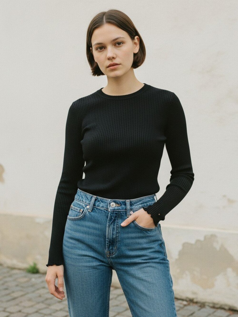 18: George Black Ribbed Long Sleeve Top Size XL Fitted Stretch Knit Crew Neck